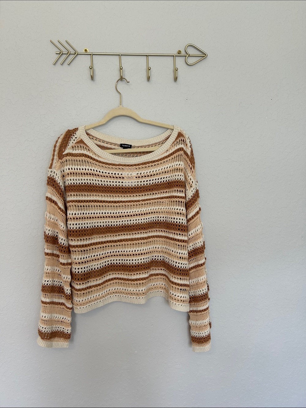 NWT Torrid Size 2 2X Open Stitch Crochet Crop Sweater Striped Beige Brown Boho
